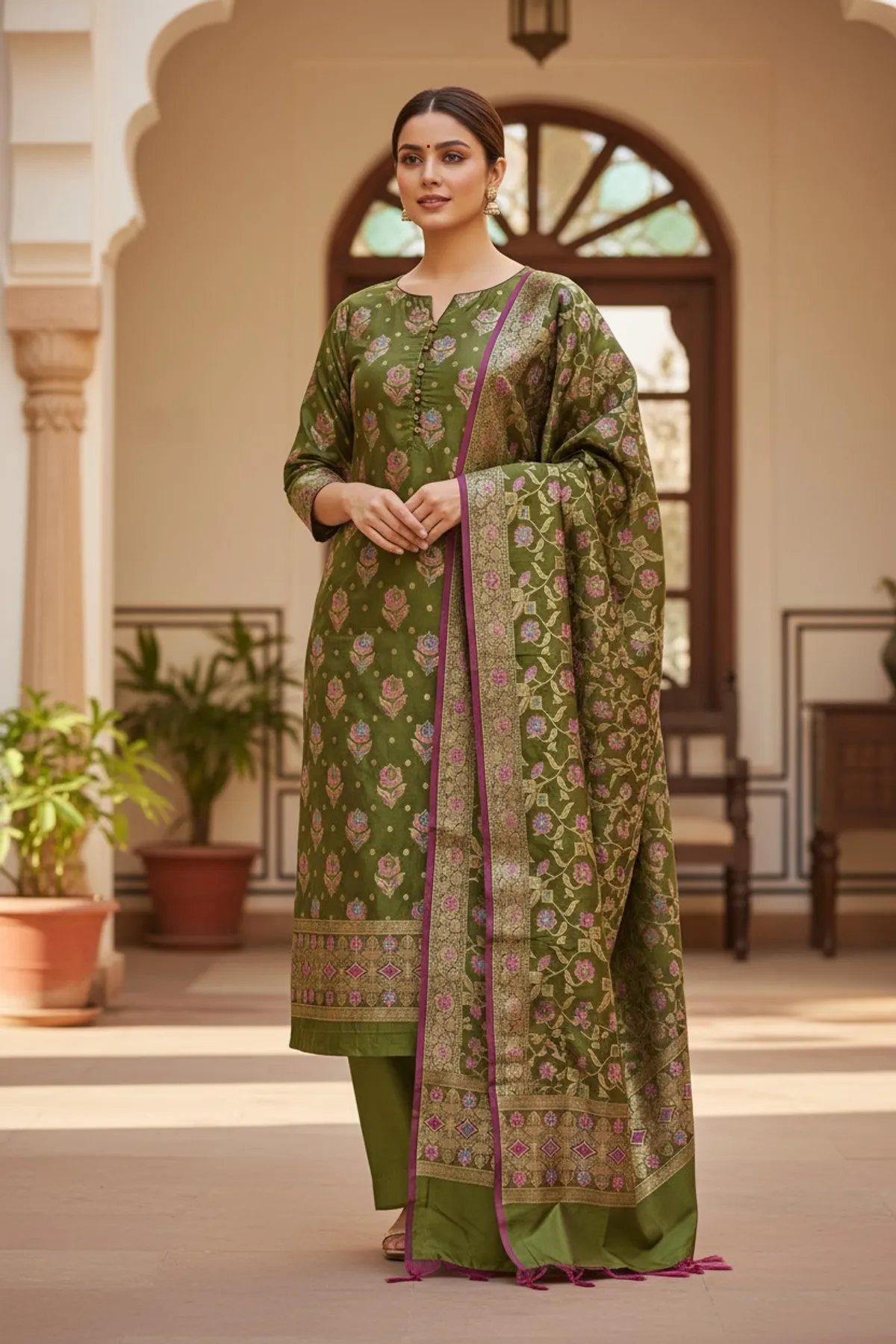 Olive Green Soft Katan Banarasi Silk Tilfi Meena Zari Woven Unstitched Suit Set for Women